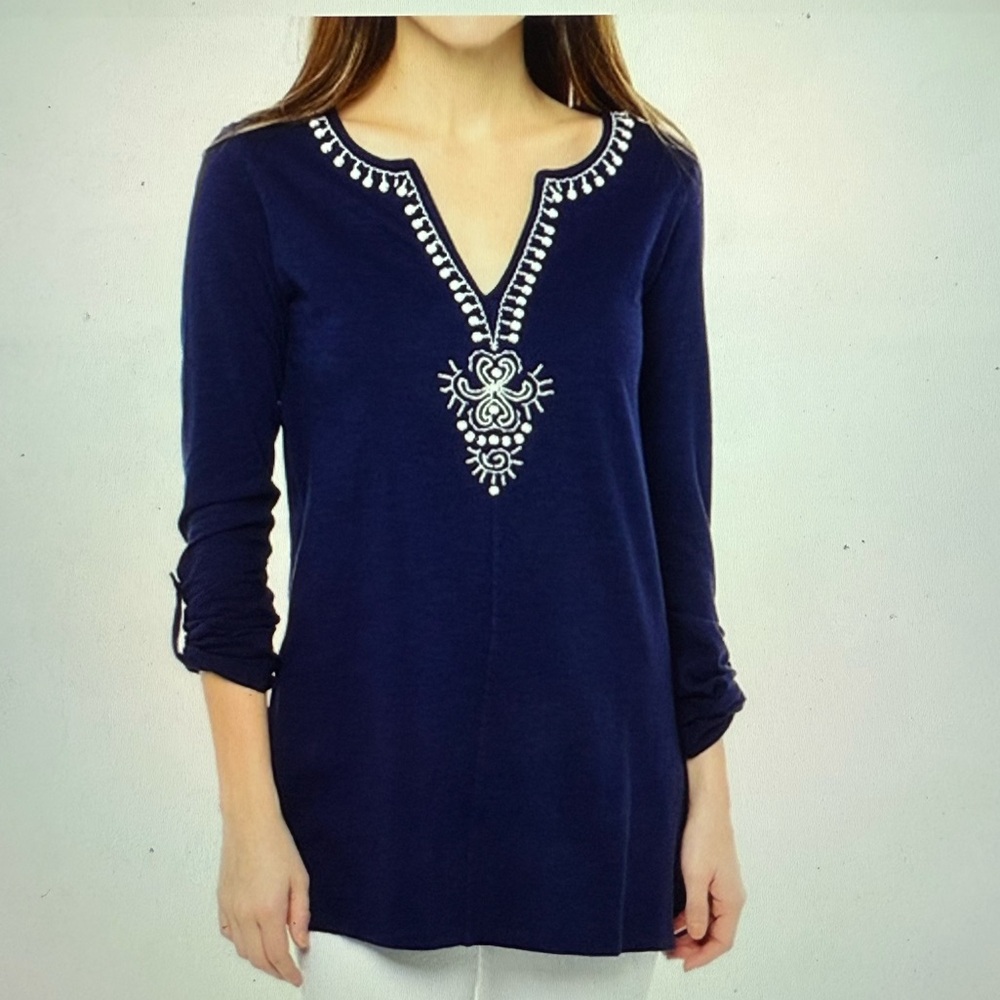 Lilly Pulitzer Eliana Navy Blue Embroidered Women's Top XS 100% Cotton